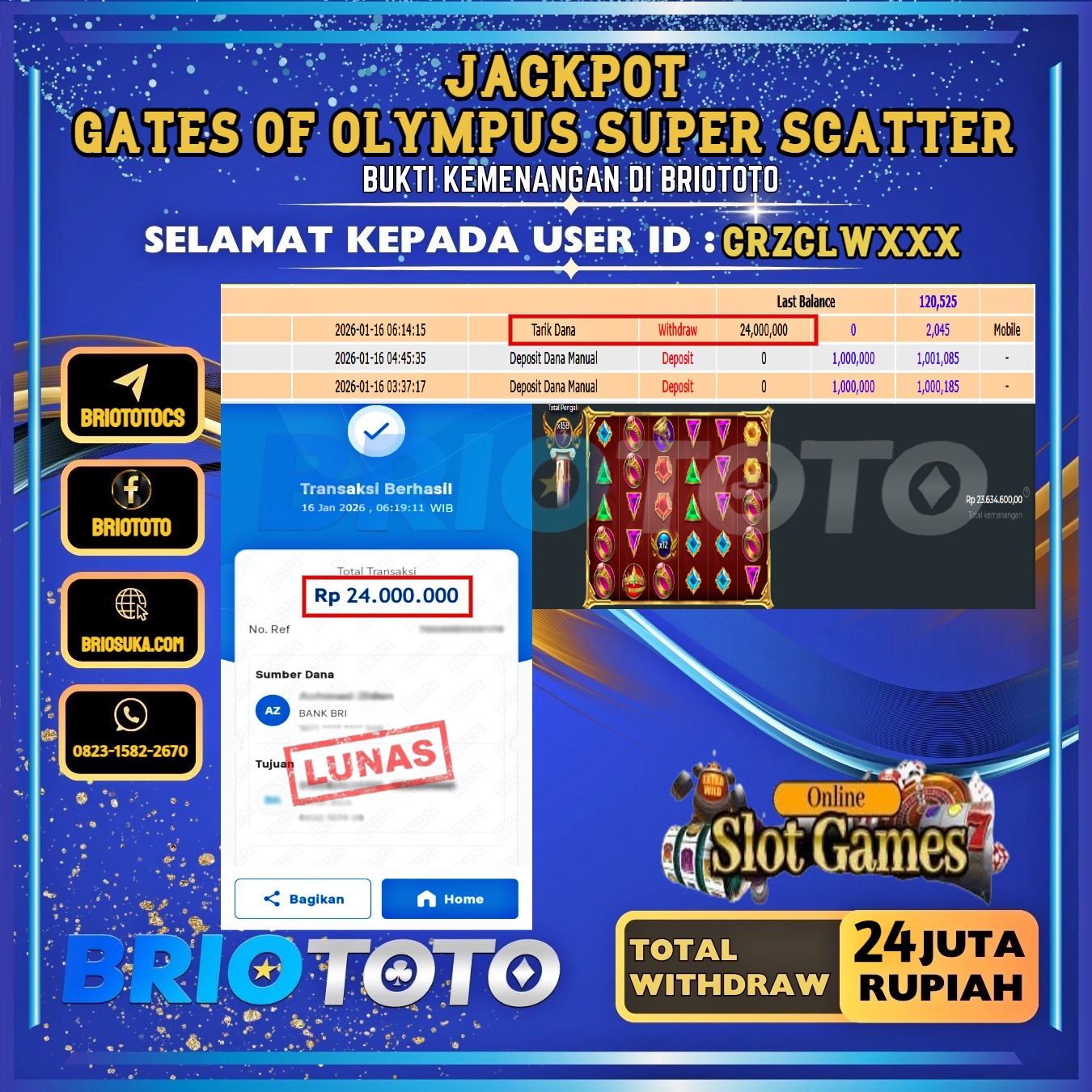 BRIOTOTO JACKPOT SLOT GATES OF OLYMPUS SUPER SCATTER RP.24.000.000,- LUNAS USER ID : CRZCLW****
