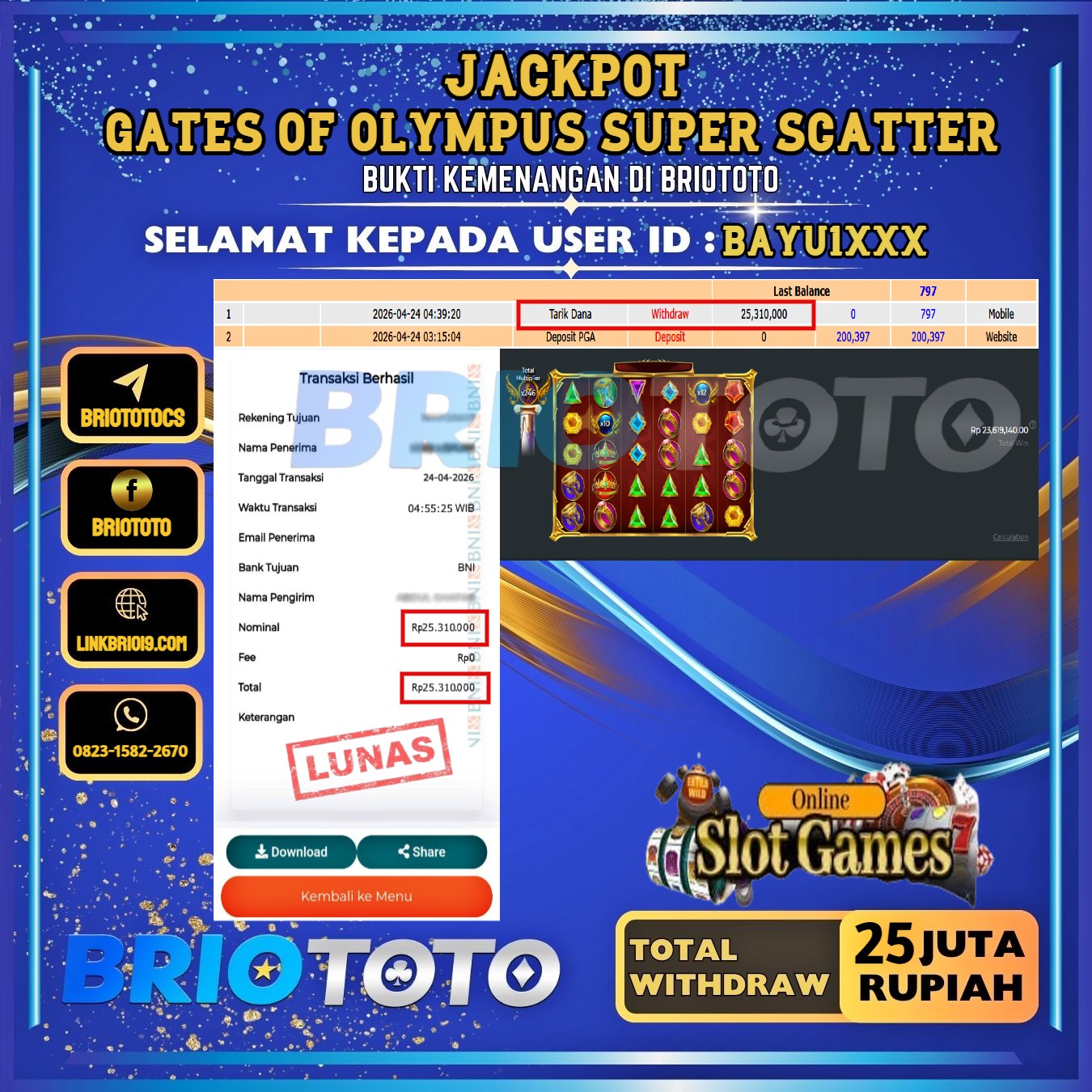 BRIOTOTO JACKPOT SLOT GATES OF OLYMPUS SUPER SCATTER RP.25.000.000,- LUNAS USER ID : BAYU1****