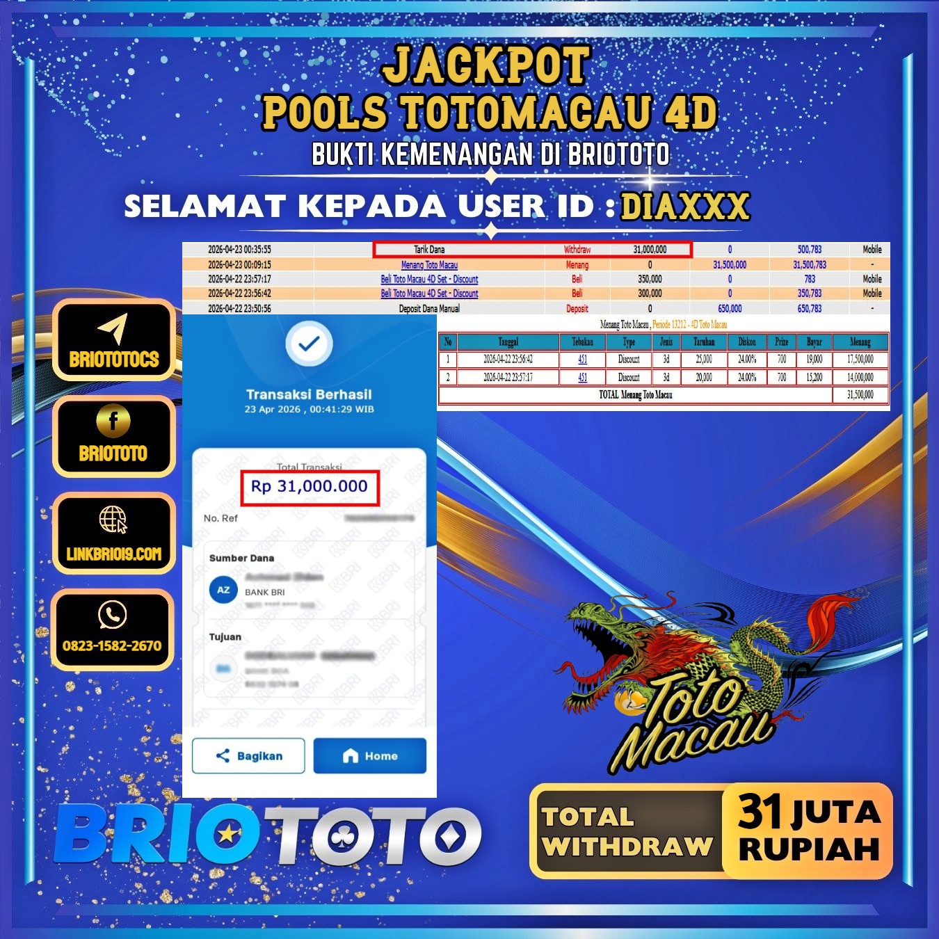 BRIOTOTO JACKPOT TOGEL TOTOMACAU 4D RP.31.000.000,- LUNAS USER ID : DIA****