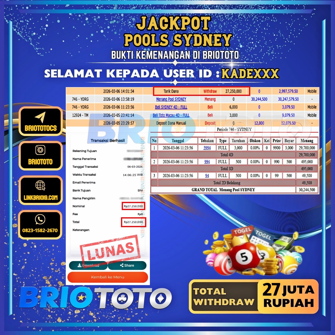 BRIOTOTO JACKPOT TOGEL SYDNEY RP.27.000.000,- LUNAS USER ID : KADE***