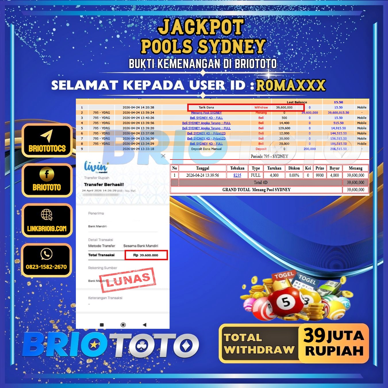 BRIOTOTO JACKPOT TOGEL SYDNEY RP.39.000.000,- LUNAS USER ID : ROMA****