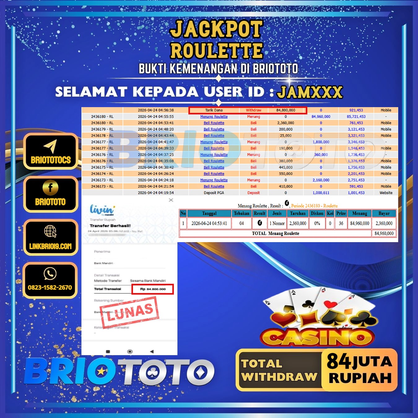 BRIOTOTO JACKPOT LIVE GAME ROULETTE RP.84.000.000,- LUNAS USER ID : JAM****