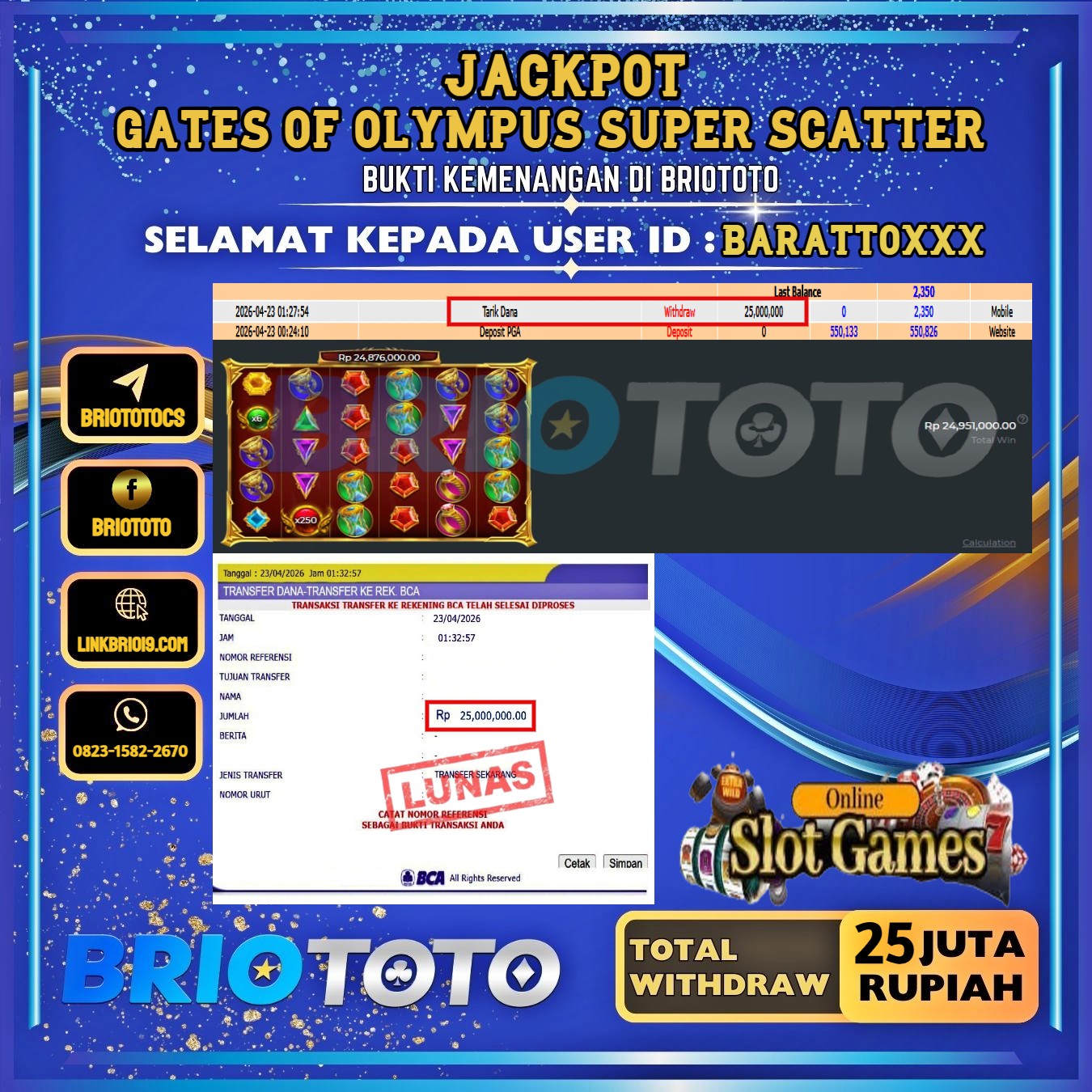 BRIOTOTO JACKPOT SLOT GATES OF OLYMPUS SUPER SCATTER RP.25.000.000,- LUNAS USER ID : BARATTO****