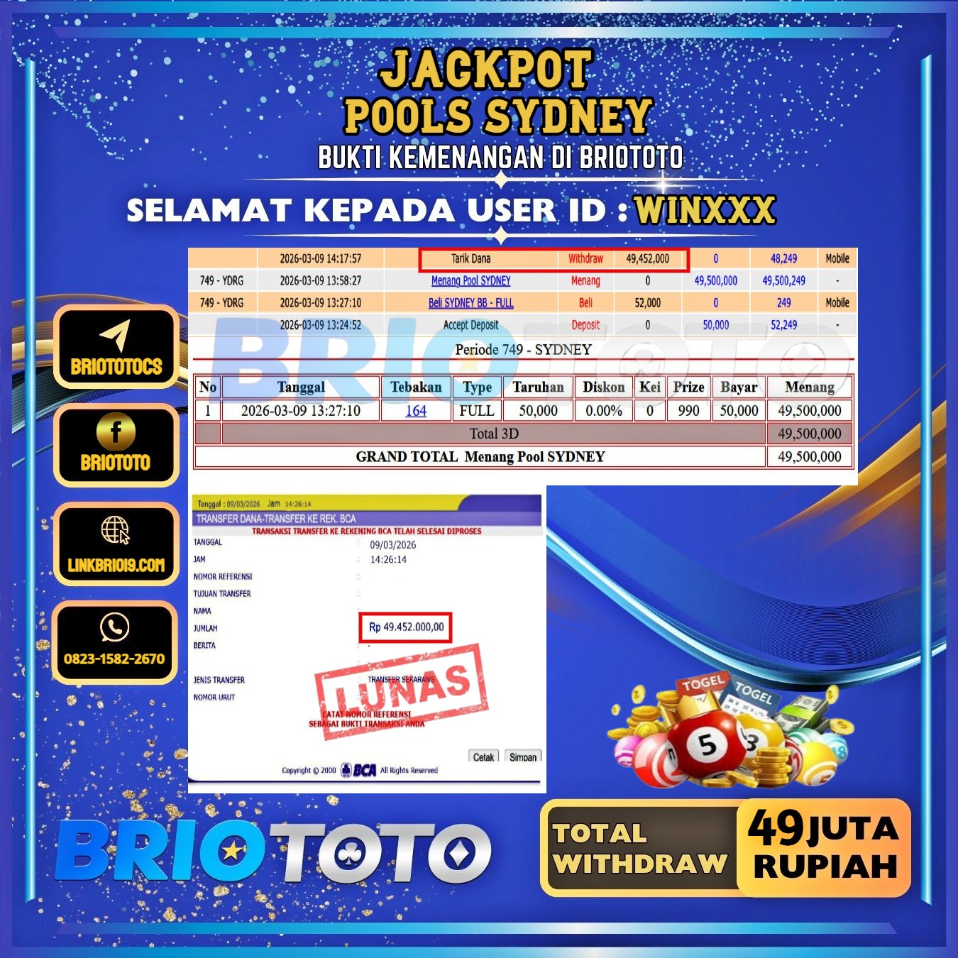 BRIOTOTO JACKPOT TOGEL SYDNEY RP.49.000.000,- LUNAS USER ID : WIN***