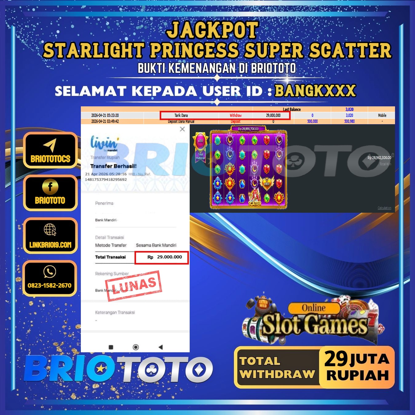 BRIOTOTO JACKPOT SLOT STARLIGHT PRINCESS SUPER SCATTER RP.29.000.000,- LUNAS USER ID : BANGK***