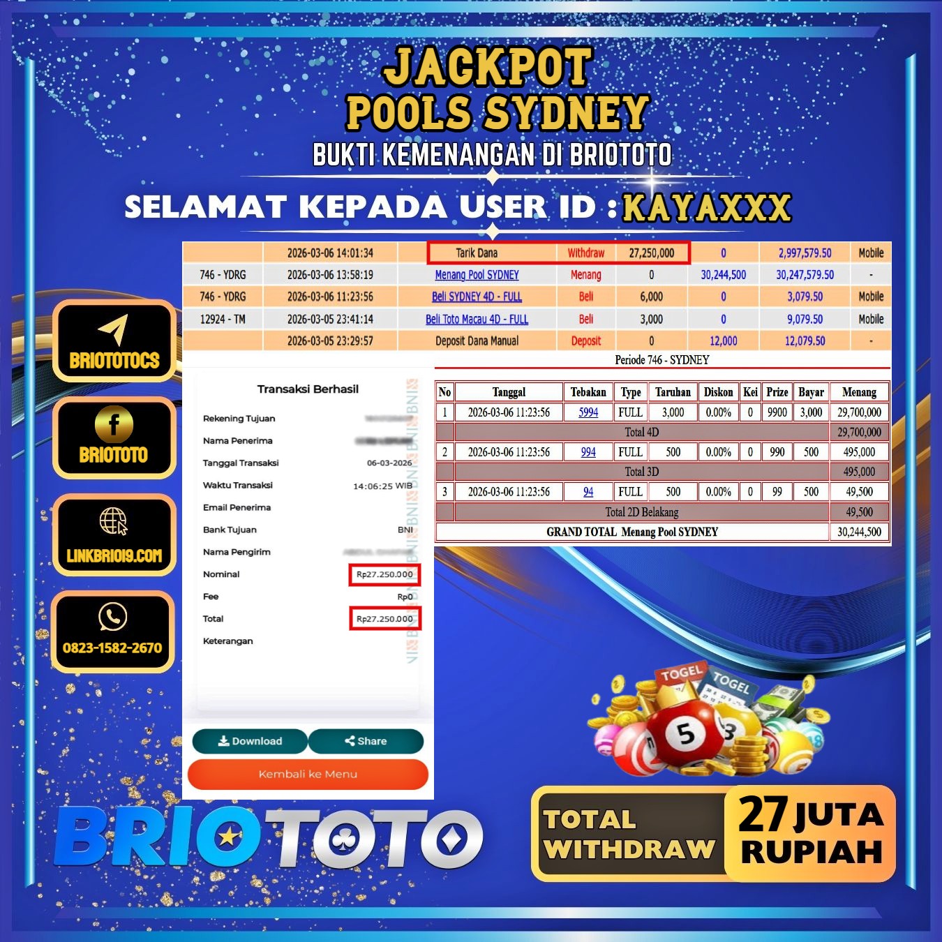 BRIOTOTO JACKPOT TOGEL SYDNEY RP.27.000.000,- LUNAS USER ID : KAYA***