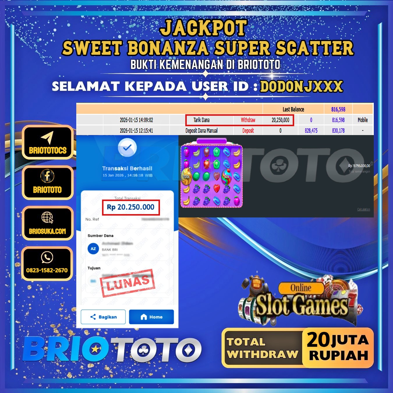 BRIOTOTO JACKPOT SLOT SWEET BONANZA SUPER SCATTER RP.20.000.000,- LUNAS USER ID : DODONJ****