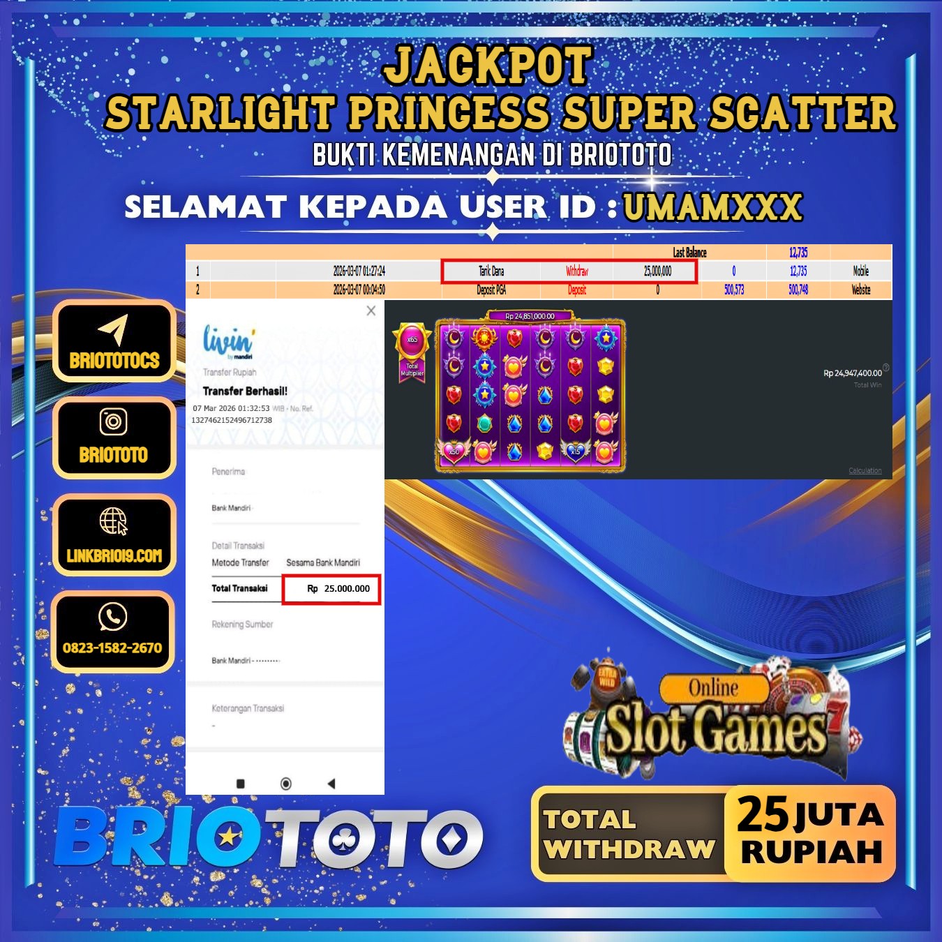 BRIOTOTO JACKPOT SLOT STARLIGHT PRINCESS SUPER SCATTER RP.25.000.000,- LUNAS USER ID : UMAM***