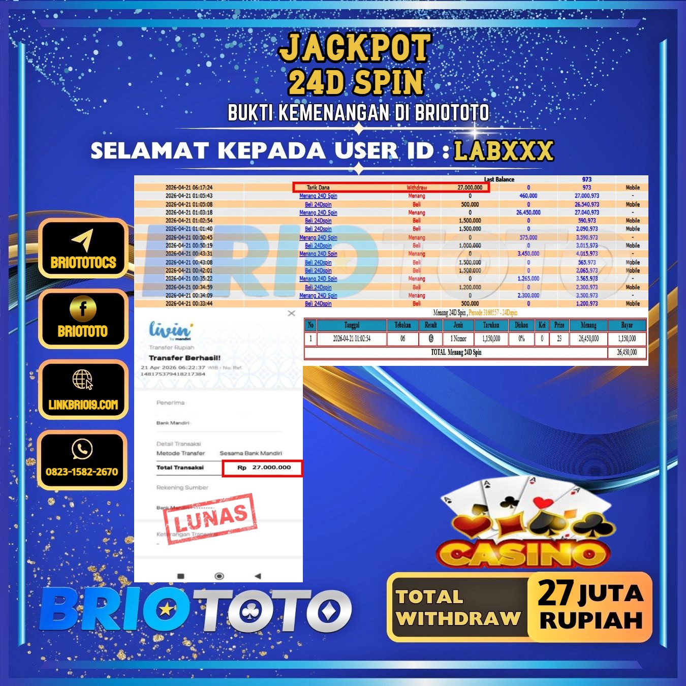 BRIOTOTO JACKPOT LIVE GAME 24D SPIN RP.27.000.000,- LUNAS USER ID : LAB***