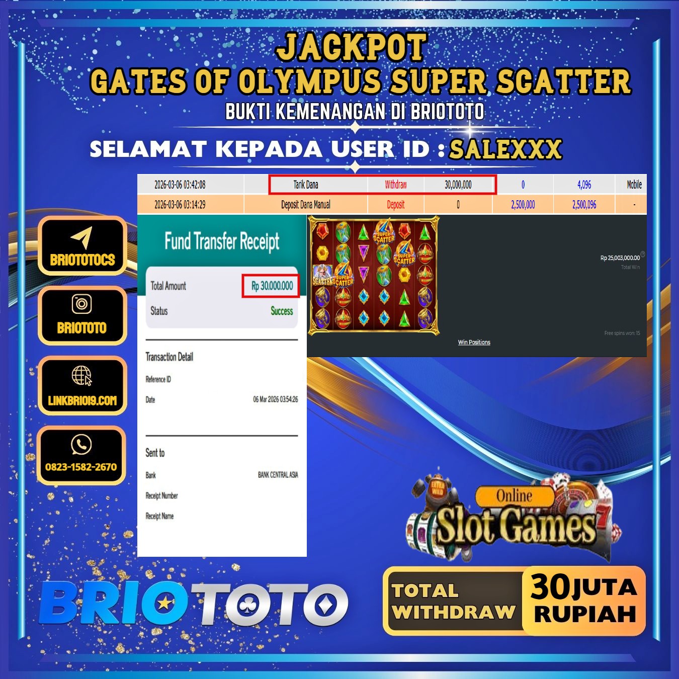 BRIOTOTO JACKPOT SLOT GATES OF OLYMPUS SUPER SCATTER RP.30.000.000,- LUNAS USER ID : SALE***