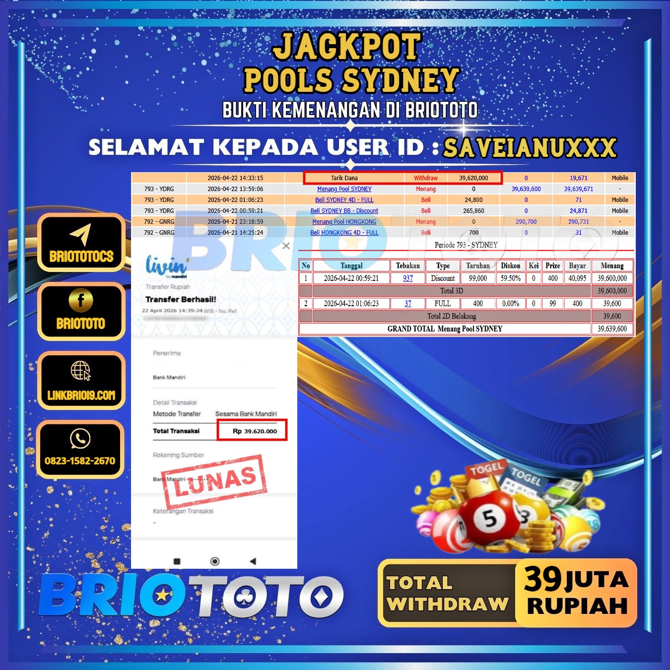 BRIOTOTO JACKPOT TOGEL SYDNEY RP.39.000.000,- LUNAS USER ID : SAVEIANU***
