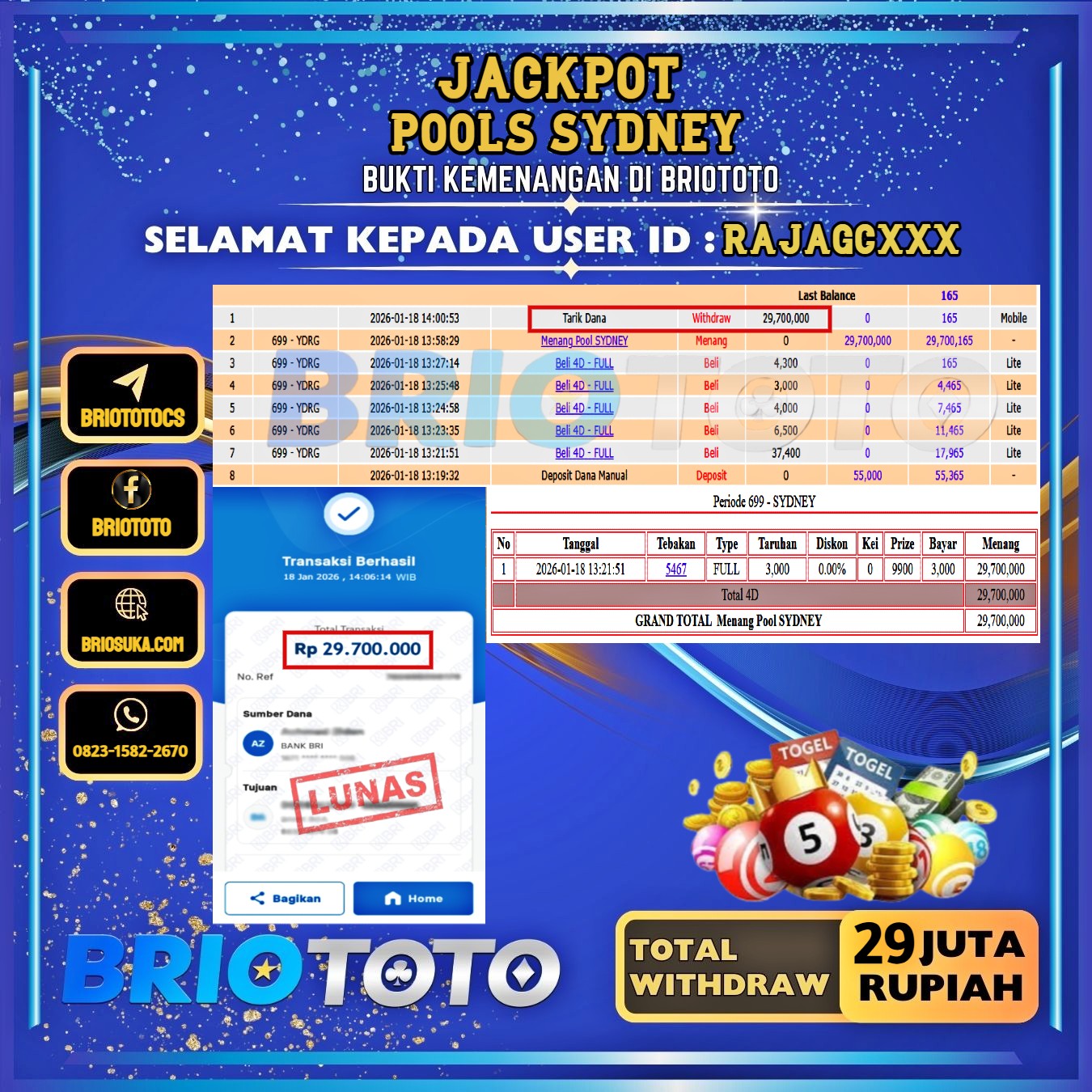BRIOTOTO JACKPOT TOGEL SYDNEY RP.29.000.000,- LUNAS USER ID : RAJAGC****