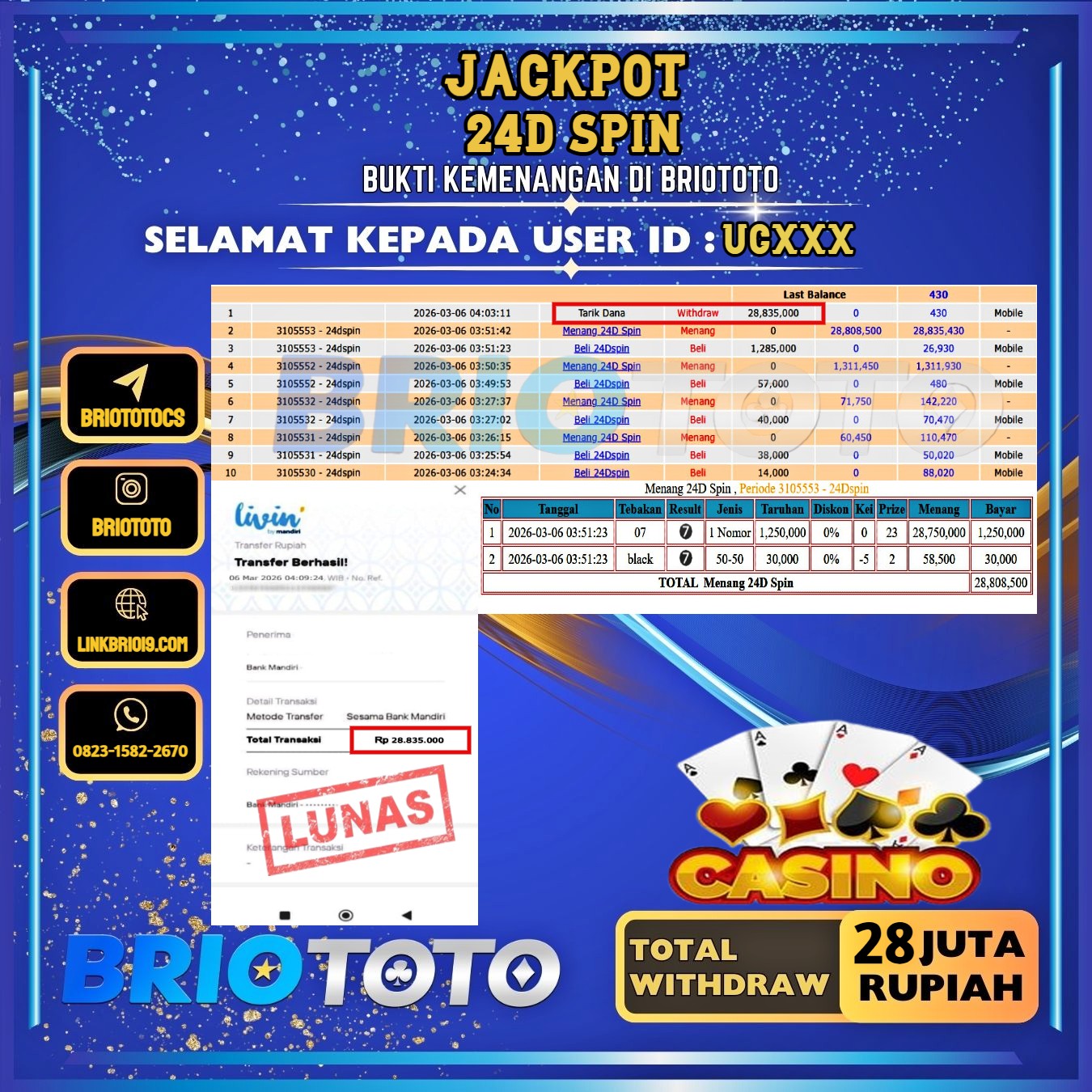 BRIOTOTO JACKPOT LIVE GAME 24D SPIN RP.28.000.000,- LUNAS USER ID : UC***