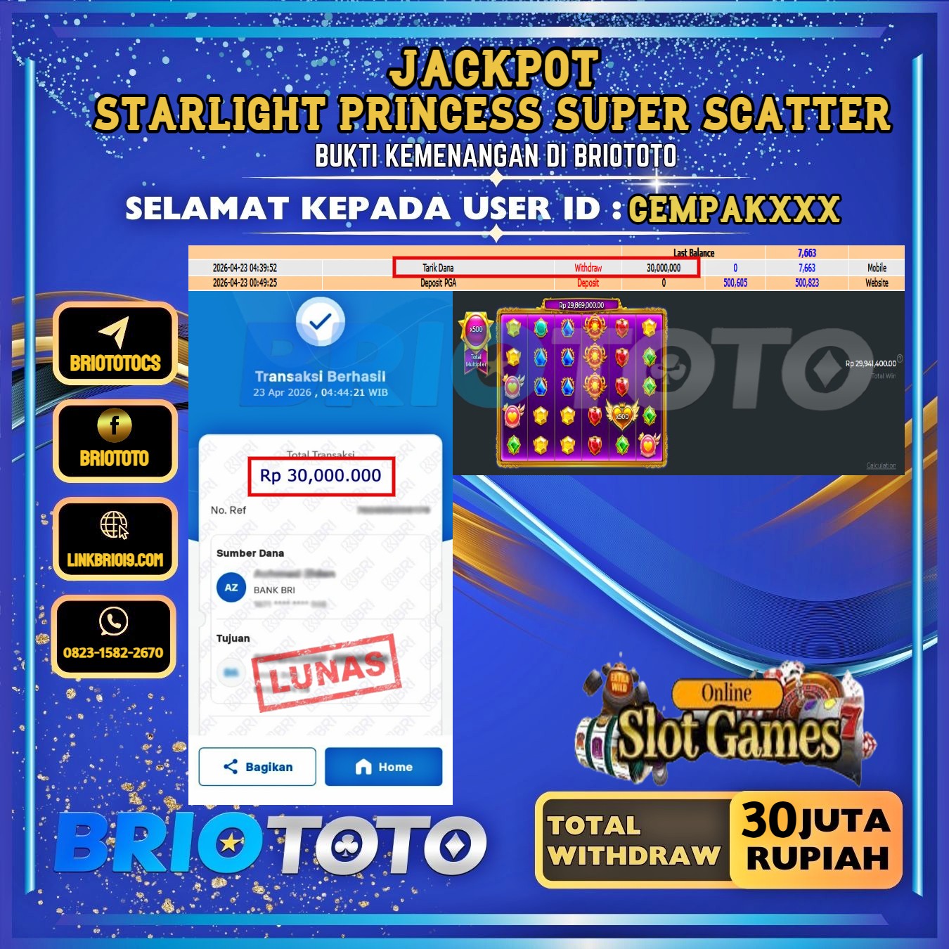 BRIOTOTO JACKPOT SLOT STARLIGHT PRINCESS SUPER SCATTER RP.30.000.000,- LUNAS USER ID : CEMPAK****