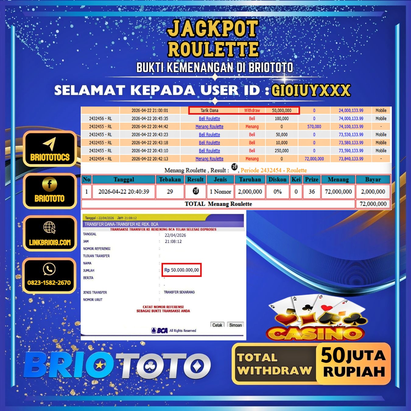 BRIOTOTO JACKPOT LIVE GAME ROULETTE RP.50.000.000,- LUNAS USER ID : GIOIUY****